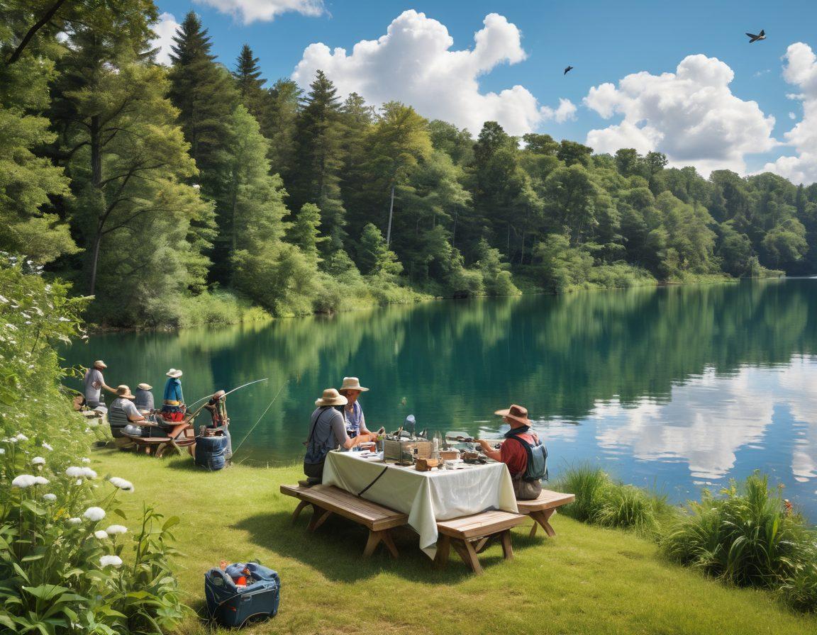 A serene lakeside scene with diverse anglers enjoying fishing, surrounded by lush greenery. In the foreground, a variety of fishing gear and a cozy picnic setup showcasing outdoor insurance themes, such as protection shields and safe gear signs. Above, a clear sky with fluffy clouds and birds flying, symbolizing freedom and adventure. The color palette should evoke a sense of adventure and tranquility. vibrant colors. super-realistic.