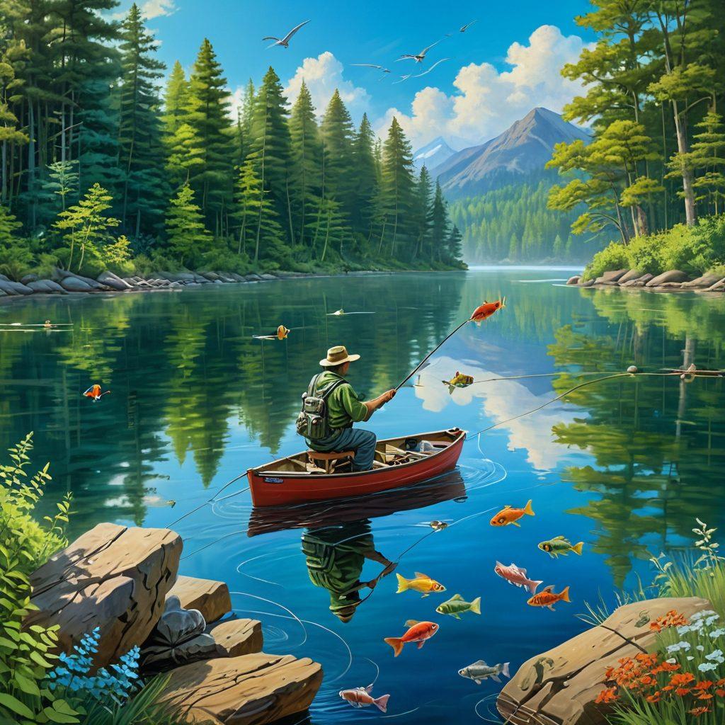 A serene lakeside scene showcasing a fisherman in action, surrounded by an array of high-quality angling gear secured with insurance symbols, like shields and locks, floating around. A backdrop of lush forest and a bright blue sky reinforces the outdoor theme, while highlighting the importance of protection in outdoor fun. Include playful fish jumping out of the water as a nod to adventure. vibrant colors. painting.